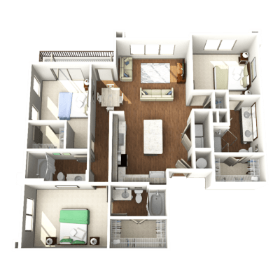 a 3d rendering of a 3 bedroom floor plan with roommates